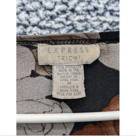 VTG Express Top Size Medium 90s Dark Floral Relaxed Fit Long Sleeve Stretch Blk - Picture 12 of 12